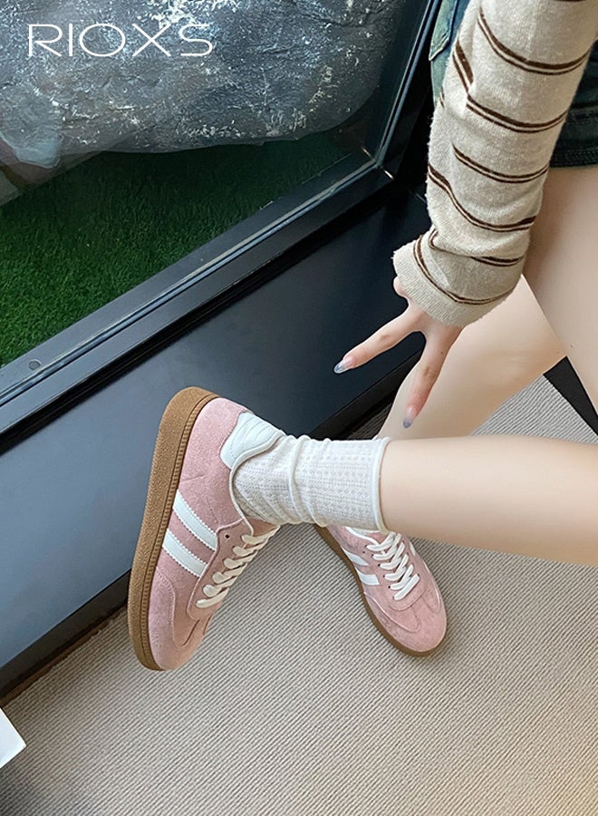 RIOXS Unisex Athlesiure Shoes, Classic Retro Trainers Shoes, Casual Lace-Up Low-Top Sneakers for Men and Ladies, Trendy Anti Slip Walking Trainers with Platform/ Regular Heel, Soft Gum Sole Tennis Skate Shoes for Traveling, Daily Work, Shopping, Pink - Image 3