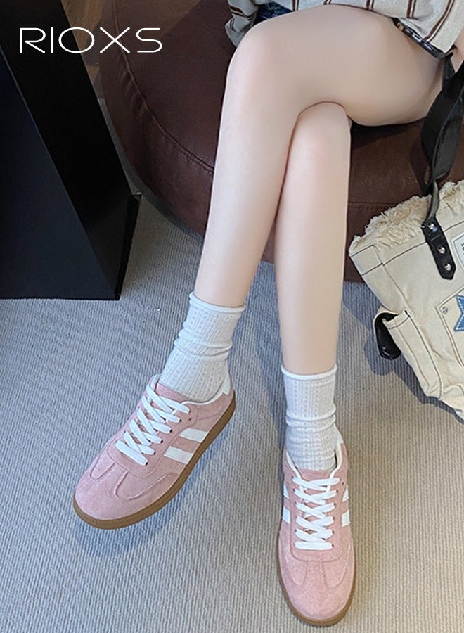 RIOXS Unisex Athlesiure Shoes, Classic Retro Trainers Shoes, Casual Lace-Up Low-Top Sneakers for Men and Ladies, Trendy Anti Slip Walking Trainers with Platform/ Regular Heel, Soft Gum Sole Tennis Skate Shoes for Traveling, Daily Work, Shopping, Pink - Image 4