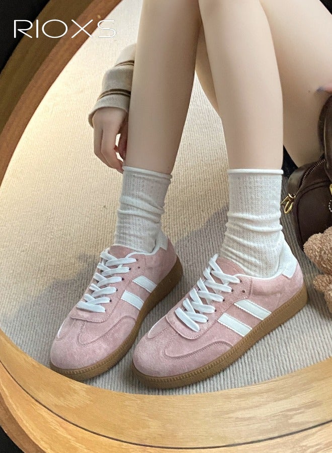 RIOXS Unisex Athlesiure Shoes, Classic Retro Trainers Shoes, Casual Lace-Up Low-Top Sneakers for Men and Ladies, Trendy Anti Slip Walking Trainers with Platform/ Regular Heel, Soft Gum Sole Tennis Skate Shoes for Traveling, Daily Work, Shopping, Pink - Image 1