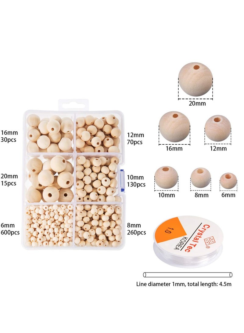 KASTWAVE Wooden Beads Unfinished Wood Beads DIY Craft Supplies Jewelry Beads Office Decor Beads for Jewelry Making Round Ball Natural Round Wood Beads Set with Crystal Elastic Line 1105 Pcs 6 Sizes (Natural) - Image 2