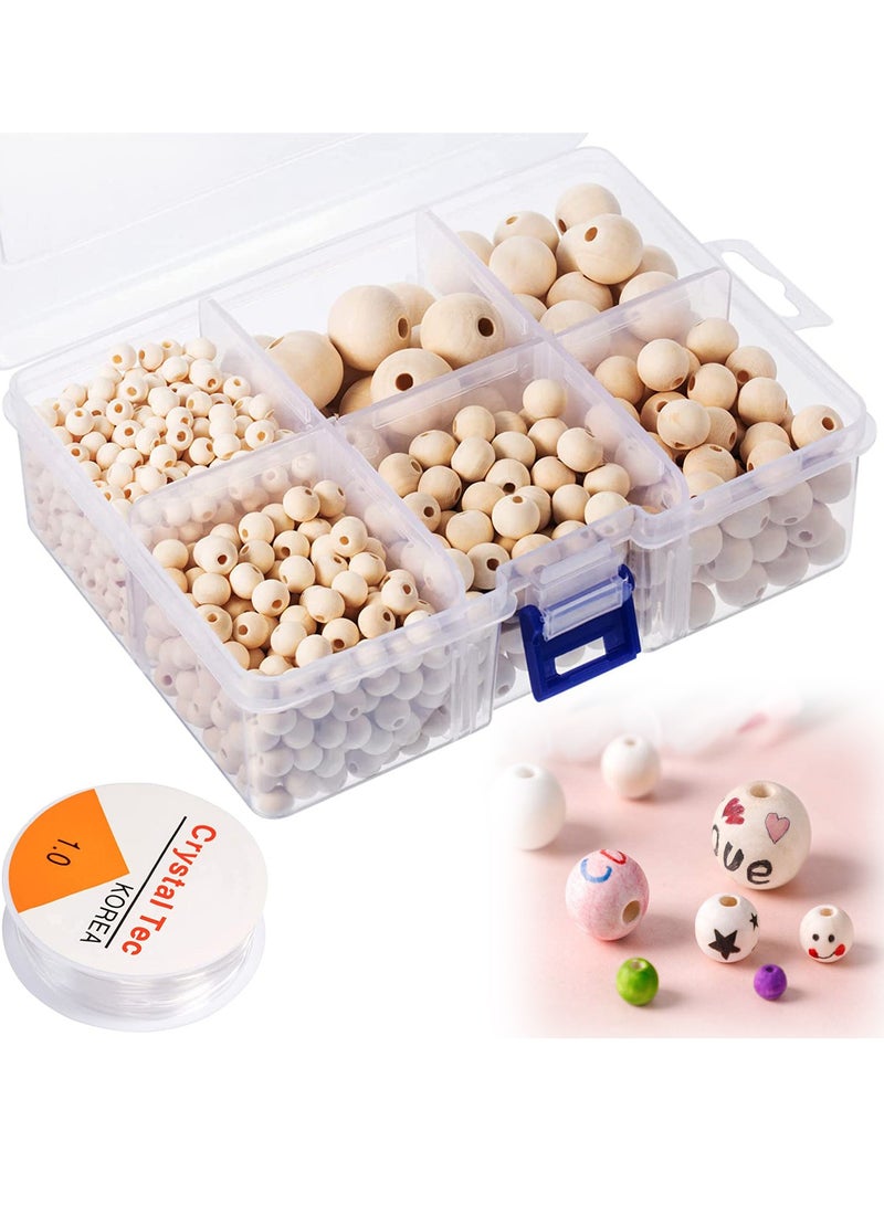 KASTWAVE Wooden Beads Unfinished Wood Beads DIY Craft Supplies Jewelry Beads Office Decor Beads for Jewelry Making Round Ball Natural Round Wood Beads Set with Crystal Elastic Line 1105 Pcs 6 Sizes (Natural) - Image 1