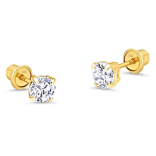 Lovearing 14k Yellow Gold 4mm Basket Round Solitaire Cubic Zirconia Children Screw Back Baby Girls Earrings - Image 1