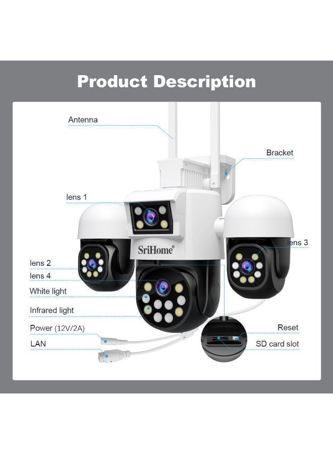 SriHome WiFi 4 Lens CCTV Security Camera Outdoor 360° PTZ Wireless IP Surveillance Camera with AI Motion Detection, Dual Light Full Color Night Vision, Two-Way Audio, Auto Tracking, Waterproof Weatherproof, HD Remote Monitoring for Home, Office & Business - Image 1