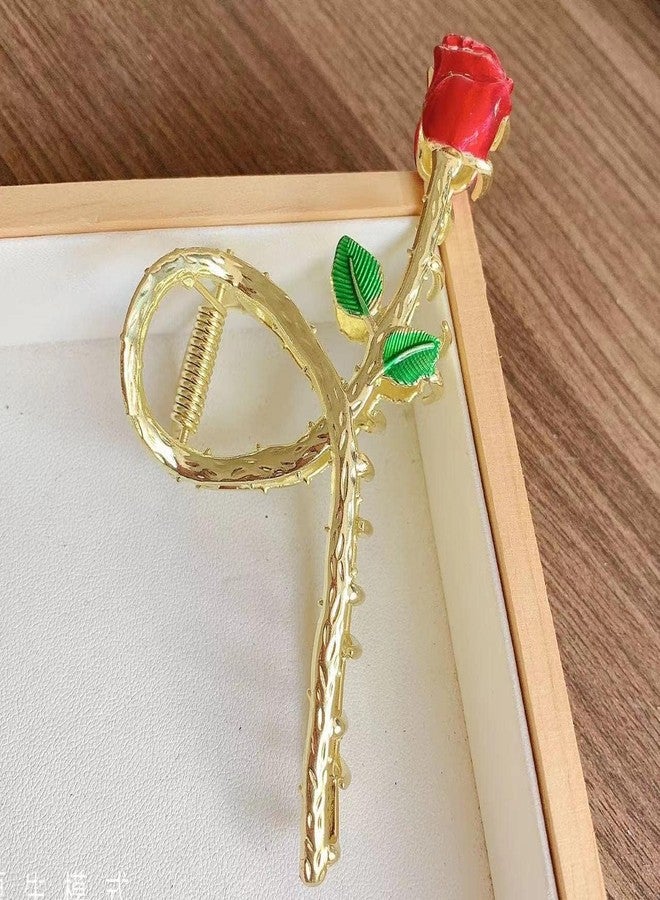 مشابك شعر معدنية أنيقة على شكل وردة حمراء، مشابك شعر كبيرة على شكل سمكة قرش مانعة للانزلاق لتثبيت قوي، إكسسوارات أنيقة للشعر الطويل والكثيف والمجعد، مشابك شعر - Image 4