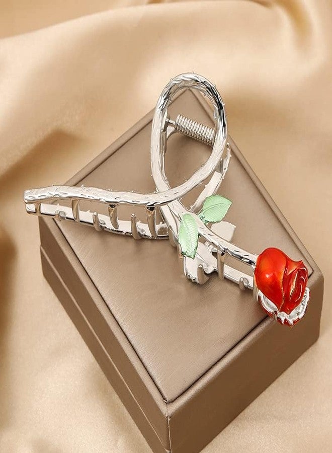 مشابك شعر معدنية أنيقة على شكل وردة حمراء، مشابك شعر كبيرة على شكل سمكة قرش مانعة للانزلاق لتثبيت قوي، إكسسوارات أنيقة للشعر الطويل والكثيف والمجعد، مشابك شعر - Image 5