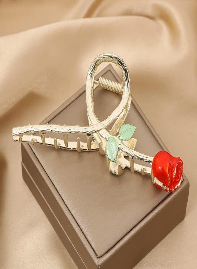 مشابك شعر معدنية أنيقة على شكل وردة حمراء، مشابك شعر كبيرة على شكل سمكة قرش مانعة للانزلاق لتثبيت قوي، إكسسوارات أنيقة للشعر الطويل والكثيف والمجعد، مشابك شعر - Image 3