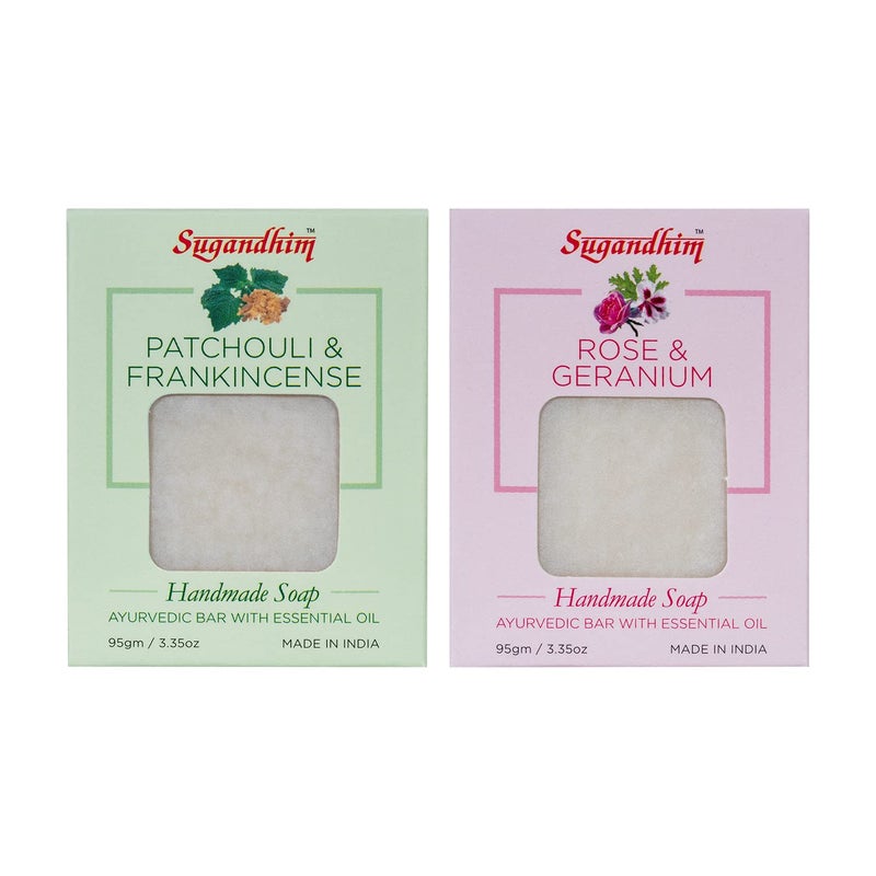 Sugandhim Patchouli Frankincense Rose Geranium Handmade Ayurvedic Soap95gmsPack of 2 - Image 1