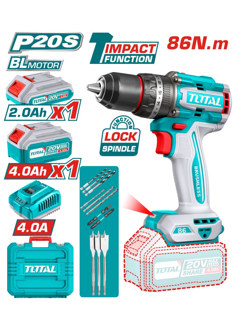 TOTAL Total 20v Drill 86N impact  battery and 4 amp charger + 2 amp battery + accessory set and drill TIDLI20868