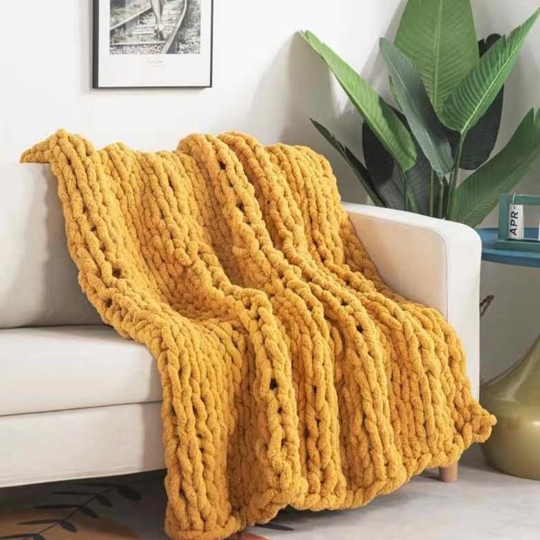 MocaDng Chunky Knit Blanket Throw 40""?40""  Hand Knitted Warm Chenille Throw Blanket  Home Decor Soft Thick Yarn Cable Knit Blanket Soft Breathable Fleece Banket Christmas for Couch Bed Sofa Best Gift (Yellow) - Image 2
