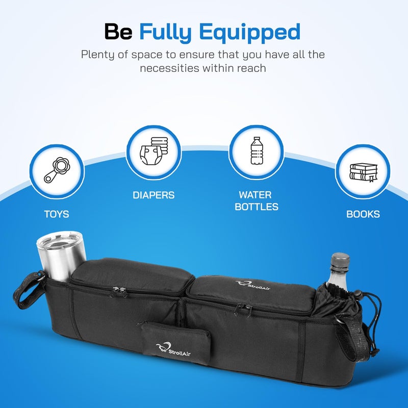StrollAir - Universal Best Double Parent Stroller Organizer Caddy Insulated Cup Holder Console side-by-side Mountain Buggy TWIN WAY Bob Duallie Baby Jogger City Mini GT - Black - Image 5