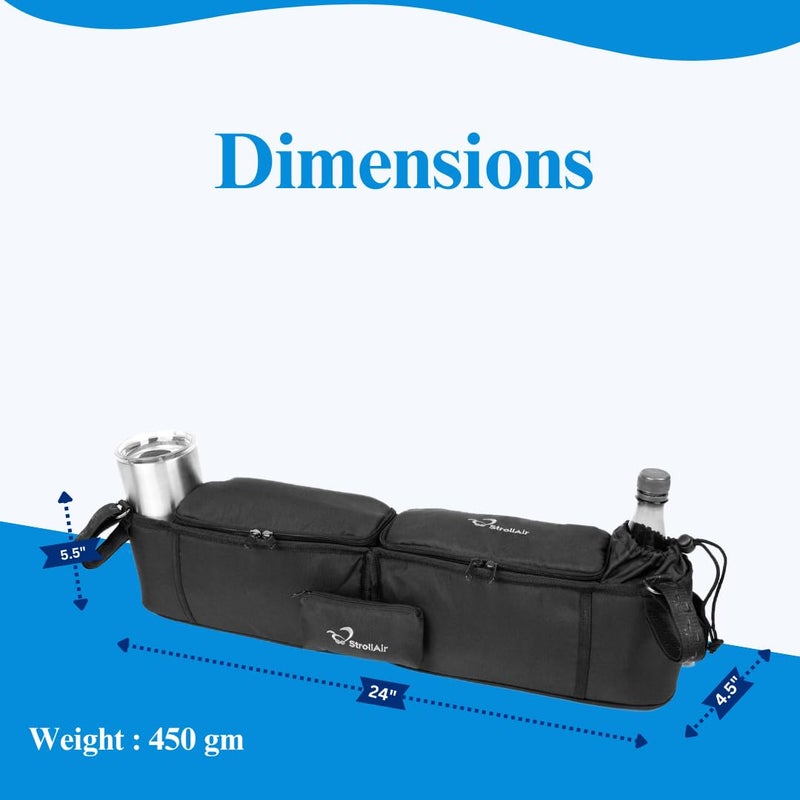 StrollAir - Universal Best Double Parent Stroller Organizer Caddy Insulated Cup Holder Console side-by-side Mountain Buggy TWIN WAY Bob Duallie Baby Jogger City Mini GT - Black - Image 3