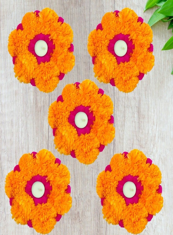 Sesonby (Set of 5) Marigold Flowers Tealight Holders for Diwali Decoration Rangoli Look Flowers Mat Floor Decoration Home Decor Tealight Holders Wax with Tealight - Image 1