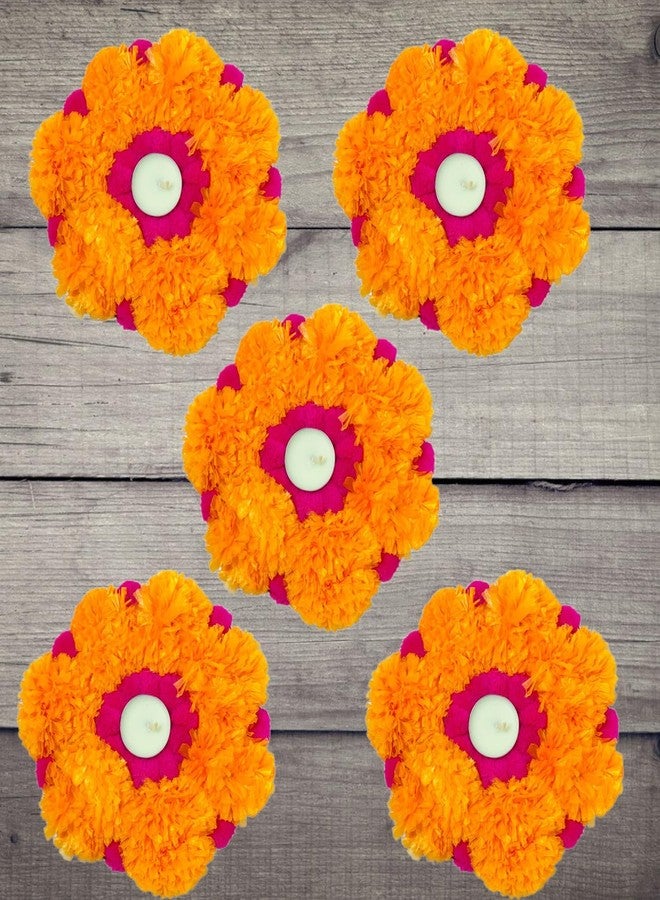 Sesonby (Set of 5) Marigold Flowers Tealight Holders for Diwali Decoration Rangoli Look Flowers Mat Floor Decoration Home Decor Tealight Holders Wax with Tealight - Image 3