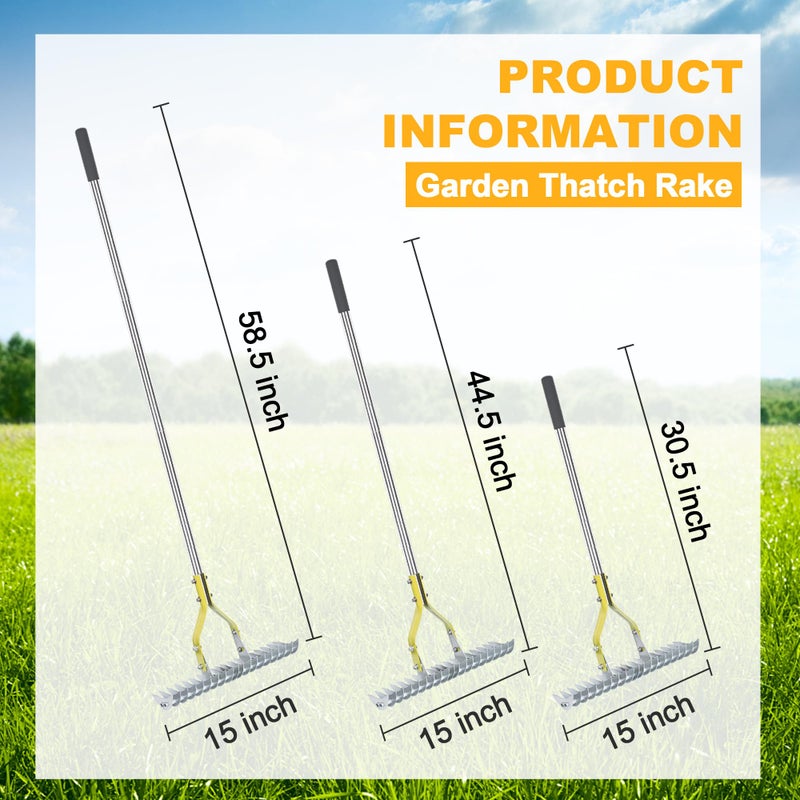 BARAYSTUS Thatching Rake 15-Inch Wide for Cleaning Dead Grass Efficient Steel Metal Grass Rake with Stainless Steel Handle Lawn loosening Soil 58.5-Inch Length - Image 2