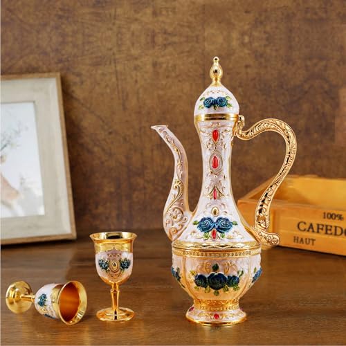 Igtazy Turkish Coffee Cup and Tea Pot Set Including Teapot,Tea Tray,6 Metal Cups,Tea Service Set for Tea Table Decor,Hip Flask (Blue Flower) - Image 3