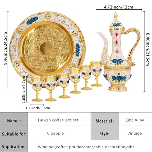 Igtazy Turkish Coffee Cup and Tea Pot Set Including Teapot,Tea Tray,6 Metal Cups,Tea Service Set for Tea Table Decor,Hip Flask (Blue Flower) - Image 2