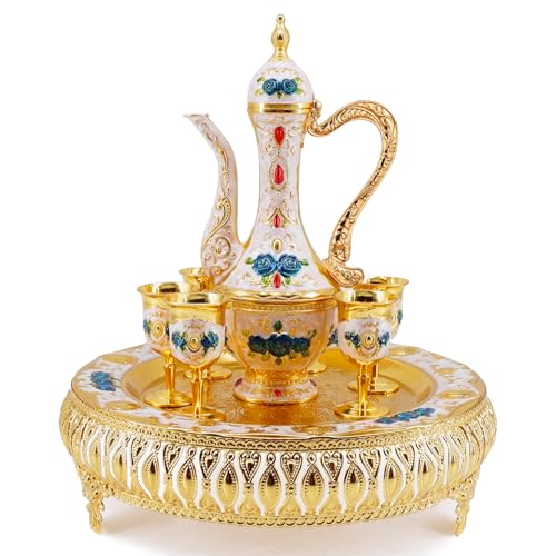 Igtazy Turkish Coffee Cup and Tea Pot Set Including Teapot,Tea Tray,6 Metal Cups,Tea Service Set for Tea Table Decor,Hip Flask (Blue Flower) - Image 1