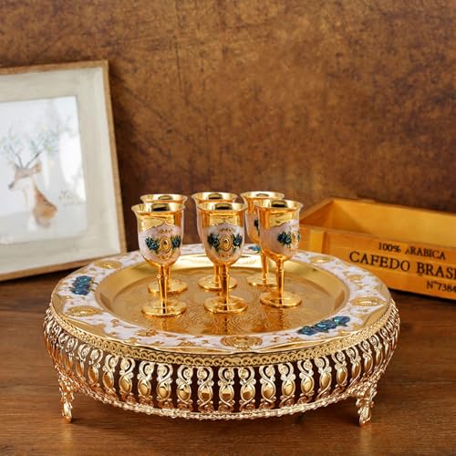 Igtazy Turkish Coffee Cup and Tea Pot Set Including Teapot,Tea Tray,6 Metal Cups,Tea Service Set for Tea Table Decor,Hip Flask (Blue Flower) - Image 4