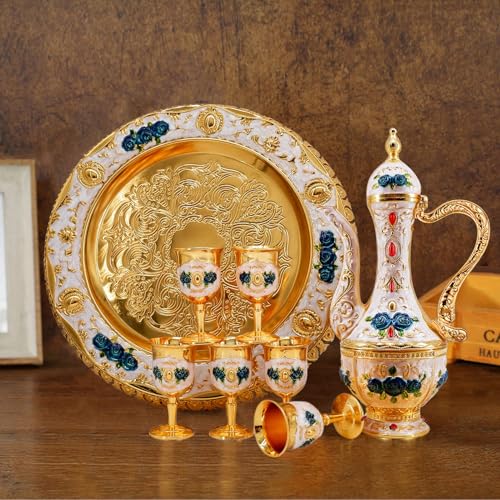 Igtazy Turkish Coffee Cup and Tea Pot Set Including Teapot,Tea Tray,6 Metal Cups,Tea Service Set for Tea Table Decor,Hip Flask (Blue Flower) - Image 5
