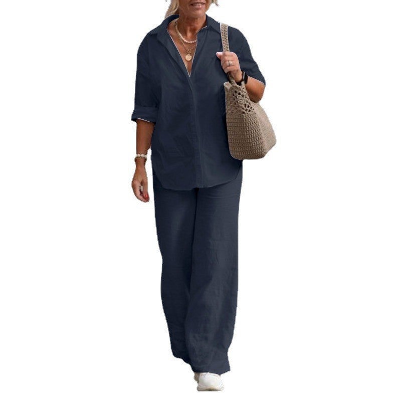 2023 Collared Shirt  Wide-Leg Pants Set for Women Dark blue