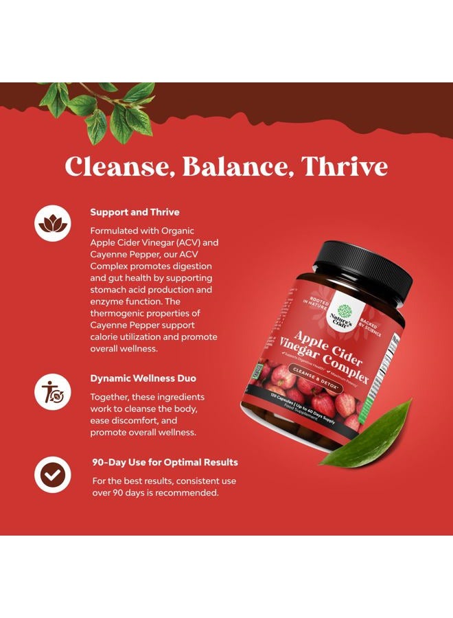Natures Craft كبسولات خل التفاح للتنظيف - حبوب تنظيف وديتوكس ACV لصحة الأمعاء والهضم مع الكايين للتخسيس - كبسولات ACV بقوة إضافية لتنظيف الأمعاء وديتوكس كامل الجسم (60 حصة) - Image 3