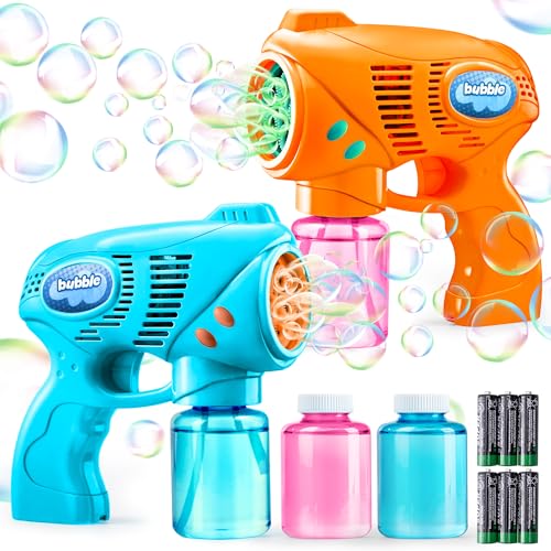 JOYIN 2 Bubble Guns with 2 Refill Solution 10 oz Total Automatic Bubble Maker Blower Machine for Kids Toddlers Outdoors Party Birthday Gift Easter Toys Blue Orange - Image 1