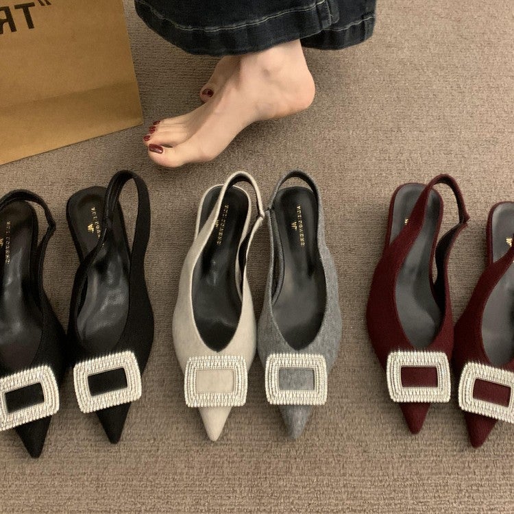 Niche High-End Rhinestone Toe Sandals Fairy Shoes 2025 Pointed Wedge Red French Shoes - Image 4