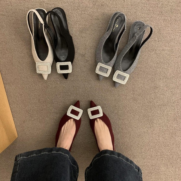 Niche High-End Rhinestone Toe Sandals Fairy Shoes 2025 Pointed Wedge Red French Shoes - Image 3