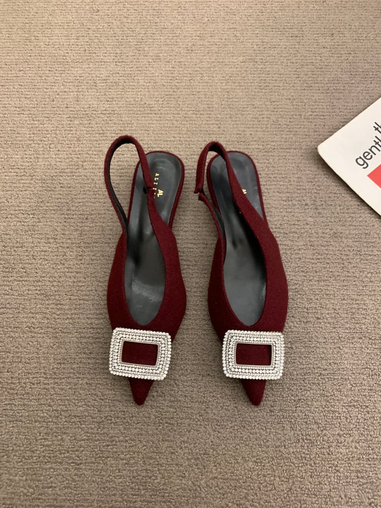 Niche High-End Rhinestone Toe Sandals Fairy Shoes 2025 Pointed Wedge Red French Shoes - Image 1