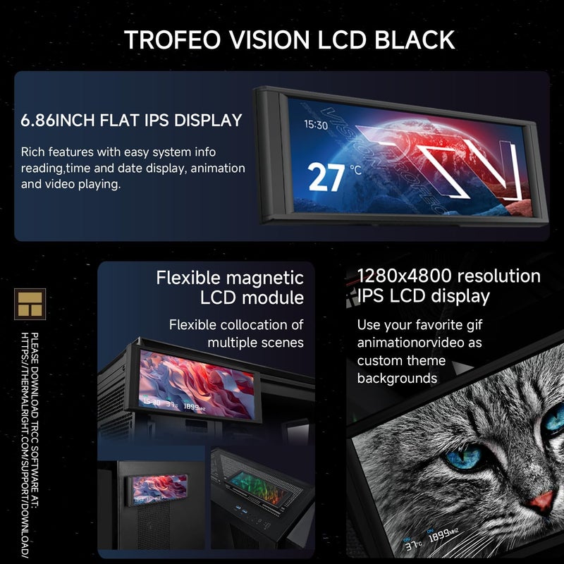 الشاشة الفرعية للعلبة Thermalright Trofeo Vision LCD Black Edition تتميز بشاشة LCD ملونة كاملة بحجم 6.86 بوصة (دقة 1280x480) مع شاشة لوحة مغناطيسية، وتدعم صور DIY الديناميكية/الثابتة - Image 2