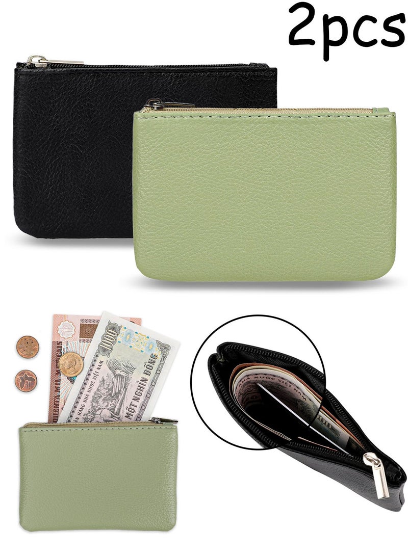 2 Pack Coin Purse, Portable PU Leather Coin Purse with Zipper Coin Purse Mini Change Purse Small Coin Purse for Women Credit Card Folded Bills ID Key Headset Lipstick(Black&Green) - Image 1
