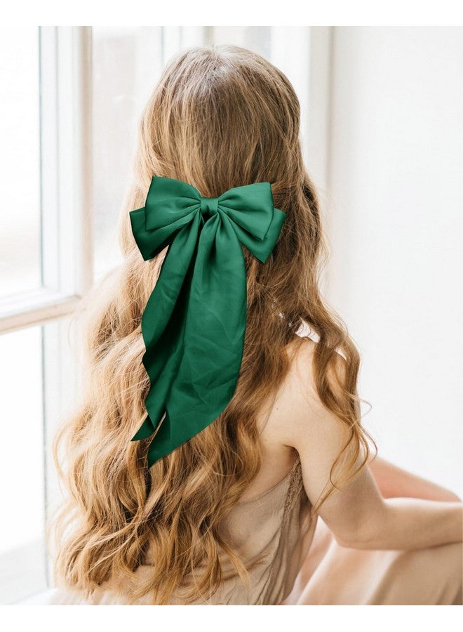 TULOBI Dark Green Satin Long Tail Large Hair Bows for Women - 2Pcs Wedding Prom Gift Ribbons, Clips and Accessories - Image 3