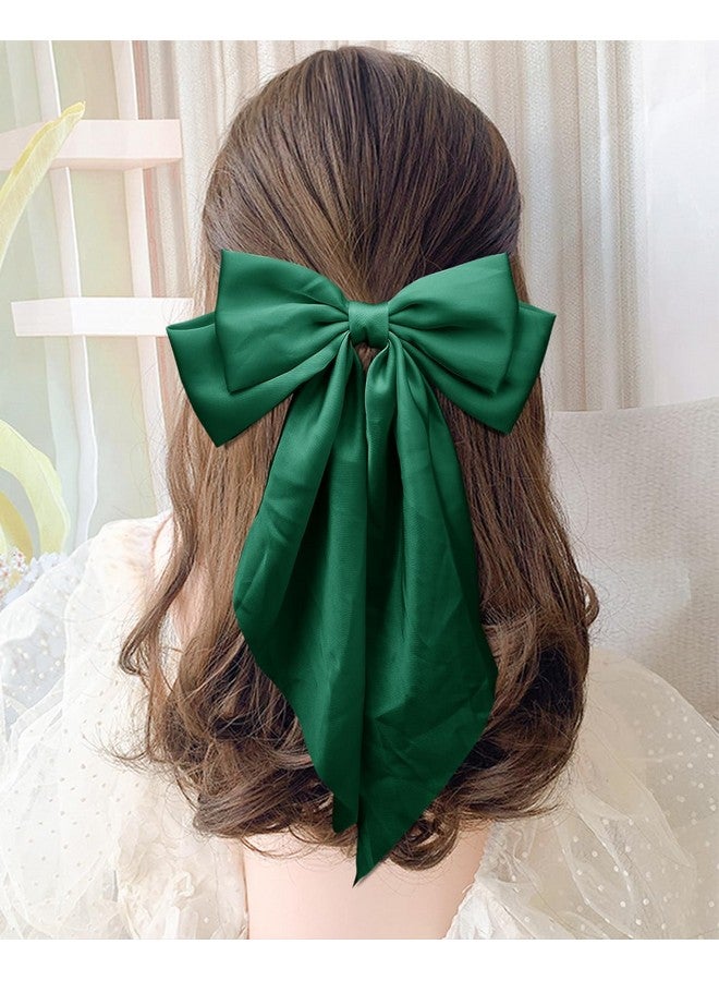TULOBI Dark Green Satin Long Tail Large Hair Bows for Women - 2Pcs Wedding Prom Gift Ribbons, Clips and Accessories - Image 4