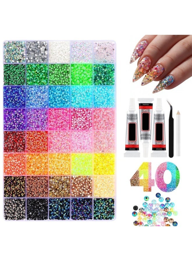 KOWVOWZ 40000 Pieces Bedazzler Kit With Glue, 40 Colours Resin Rhinestones, 3 mm Rhinestone Bedazzling Kit, Colourful Flatback Rhinestones for Nail Design, Face Make-Up, Crafts - Image 1