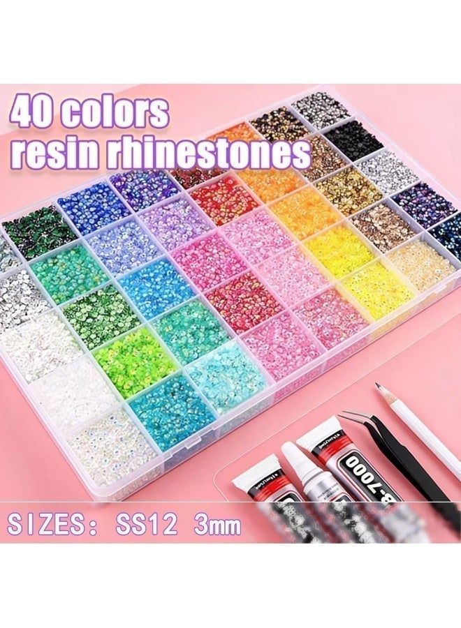 KOWVOWZ 40000Pcs 40 Colors Resin Jelly Rhinestones Kit for Bedazzling, DIY Bulk Resin Gems Set, Flatback Gem for Crafting with 3 Pcs 10ml Jewelry Glue, Multicolor 3mm Flatback Gems for Diamond Art Nail Art - Image 2