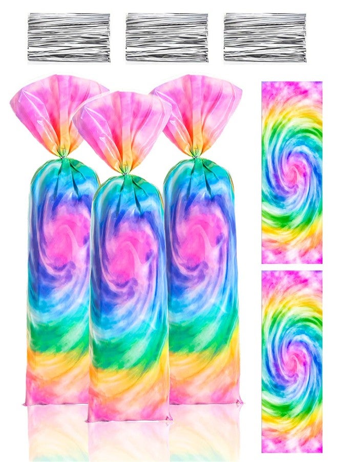 CPTBAG Tie Dye Treat Bags, 100pcsTie Dye Flower Party Cellophane Plastic Gift Goodie Cookies Candy Bags with Twist Ties Clear for Wedding ,Birthday ,Art Retro 60s 70s Theme Hippie Carnival Party Supplies - Image 1