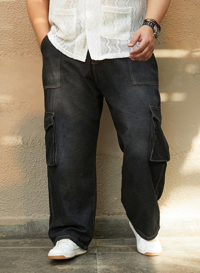 Instafab Plus Men's Charcoal Black Washed Carpenter-Utility Denim Jeans For Casual Wear | Mid-Rise | Straight Fit | Button Closure | Plus Size Denim Jeans Crafted With Comfort Fit For Everyday Wear - Image 2