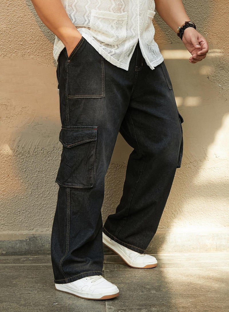 Instafab Plus Men's Charcoal Black Washed Carpenter-Utility Denim Jeans For Casual Wear | Mid-Rise | Straight Fit | Button Closure | Plus Size Denim Jeans Crafted With Comfort Fit For Everyday Wear - Image 3