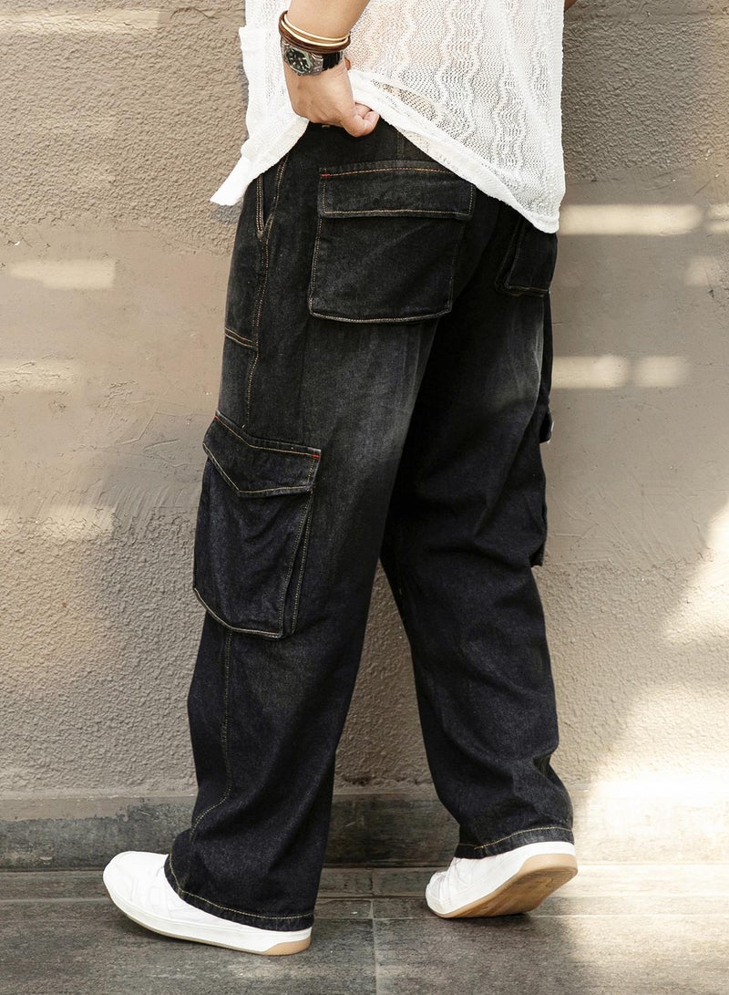 Instafab Plus Men's Charcoal Black Washed Carpenter-Utility Denim Jeans For Casual Wear | Mid-Rise | Straight Fit | Button Closure | Plus Size Denim Jeans Crafted With Comfort Fit For Everyday Wear - Image 5