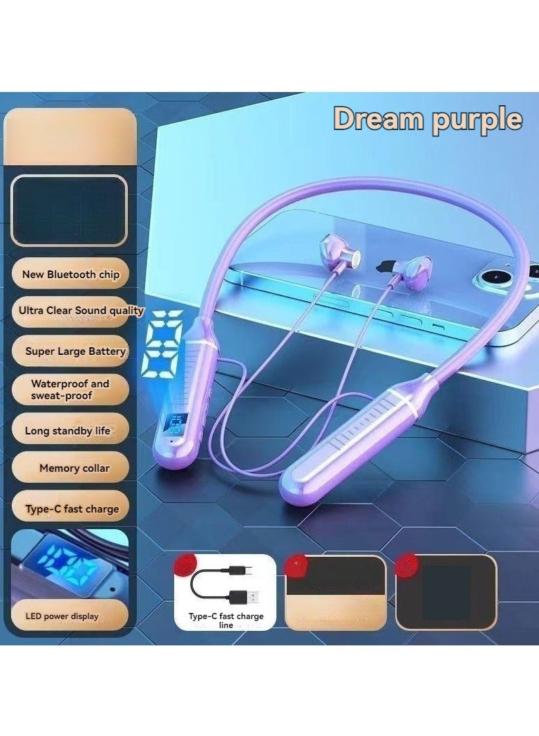 Digital display neck-mounted wireless bluetooth sports headphones, noise-cancelling hanging neck gaming earphone (dream purple)  - Image 1