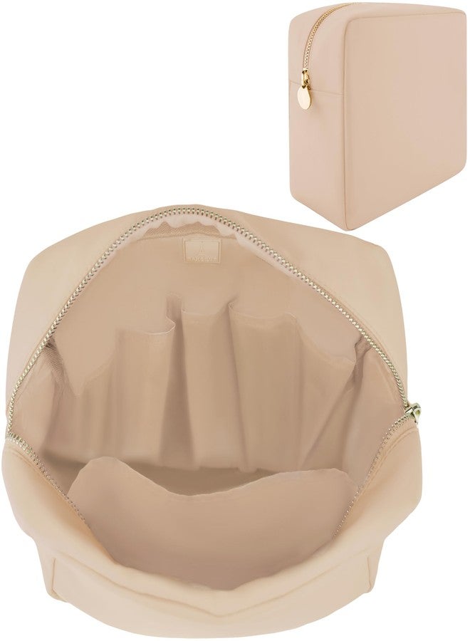 DANCOUR Makeup Bag with Compartments, Large Makeup Organizer, Travel Cosmetic Bag, Makeup Case, Cosmetic Bag for Women, Travel Pouch, Beige Makeup Bag with Dividers - Image 1