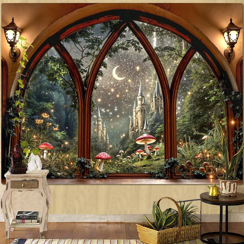 Lifeella Fantasy Castle Window Tapestry, Magic Woodland Scene Large Wall Backdrop, Fairytale Moon Mural for Bedroom Dorm Living Room Decor, 36x48 inches - Image 1