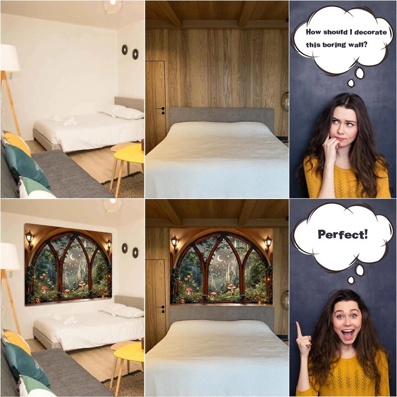 Lifeella Fantasy Castle Window Tapestry, Magic Woodland Scene Large Wall Backdrop, Fairytale Moon Mural for Bedroom Dorm Living Room Decor, 36x48 inches - Image 4