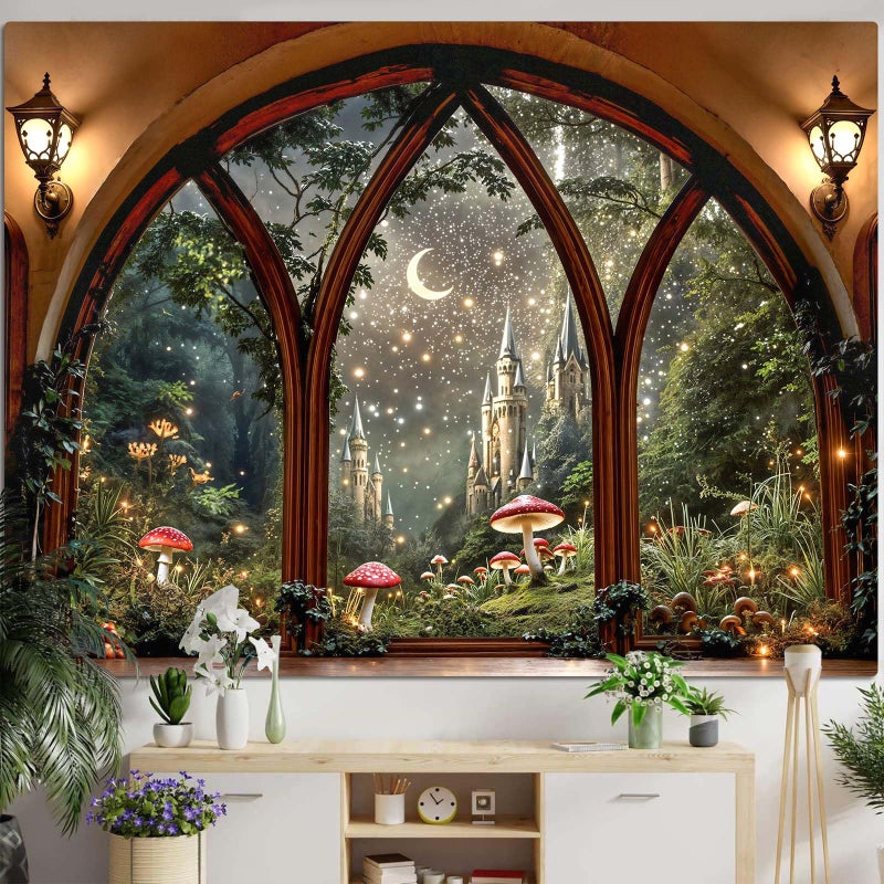Lifeella Fantasy Castle Window Tapestry, Magic Woodland Scene Large Wall Backdrop, Fairytale Moon Mural for Bedroom Dorm Living Room Decor, 36x48 inches - Image 3