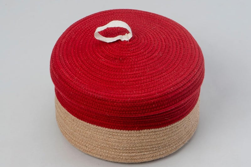 BOBBINY MultiPurpose Cute Jute Round Basket With Lid Storage Baskets For Bathroom Living Room Kitchen Organiser Box Vanity Box First Aid Box 8 X 3 Inch Pack Of 1 Red - Image 2