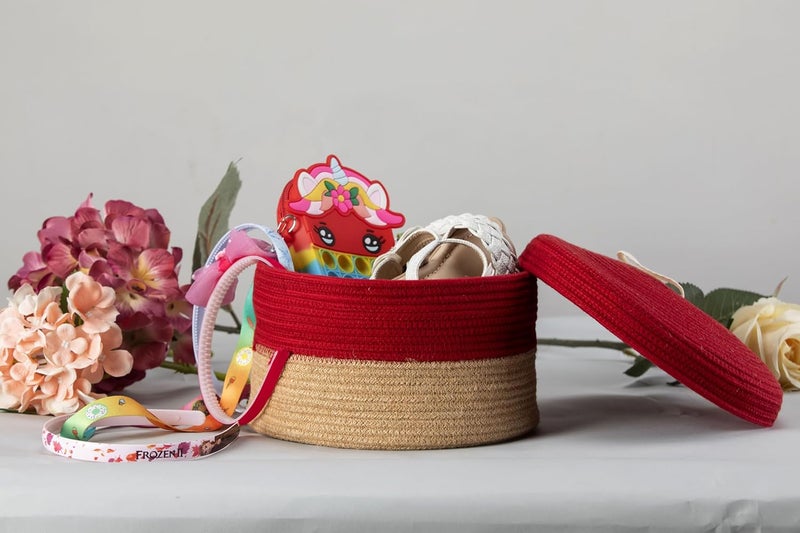 BOBBINY MultiPurpose Cute Jute Round Basket With Lid Storage Baskets For Bathroom Living Room Kitchen Organiser Box Vanity Box First Aid Box 8 X 3 Inch Pack Of 1 Red - Image 1
