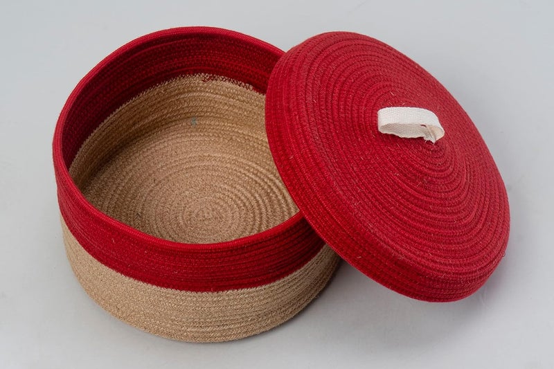 BOBBINY MultiPurpose Cute Jute Round Basket With Lid Storage Baskets For Bathroom Living Room Kitchen Organiser Box Vanity Box First Aid Box 8 X 3 Inch Pack Of 1 Red - Image 4