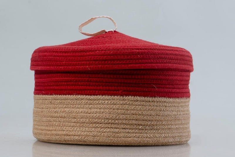 BOBBINY MultiPurpose Cute Jute Round Basket With Lid Storage Baskets For Bathroom Living Room Kitchen Organiser Box Vanity Box First Aid Box 8 X 3 Inch Pack Of 1 Red - Image 3