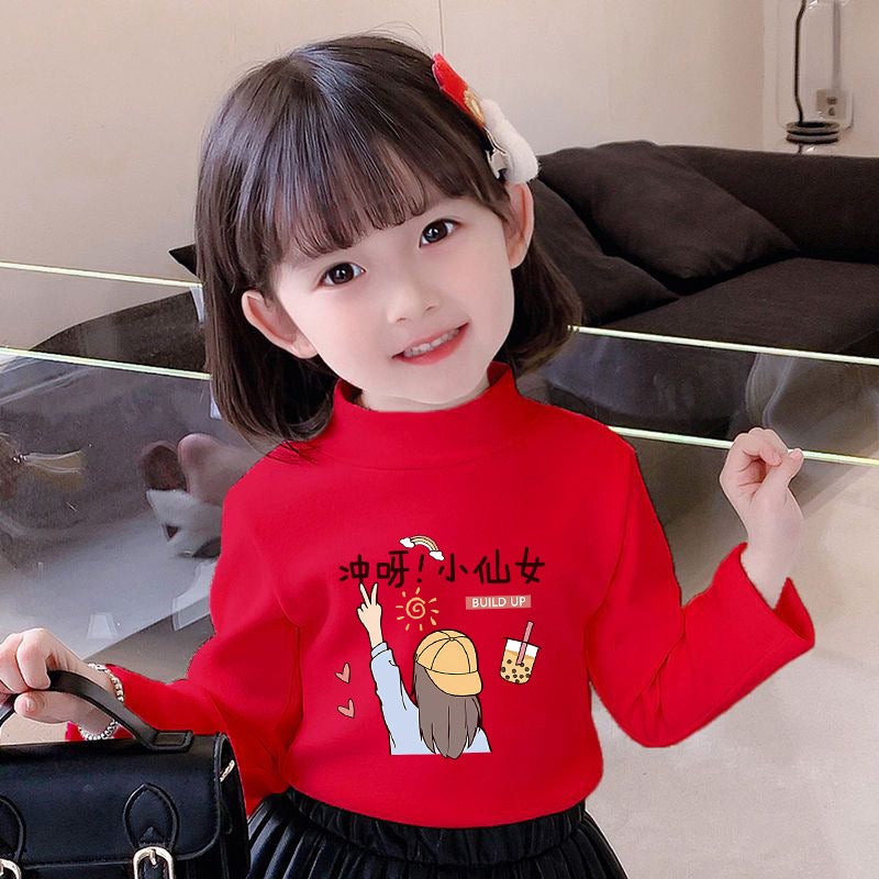 Girls' Semi-High Collar Velvet Casual Long-Sleeved T-Shirt Autumn New Arrival Medium And Large Children'S Wear Cartoon Printed Western Style Girls' Trendy T-Shirt - Image 1