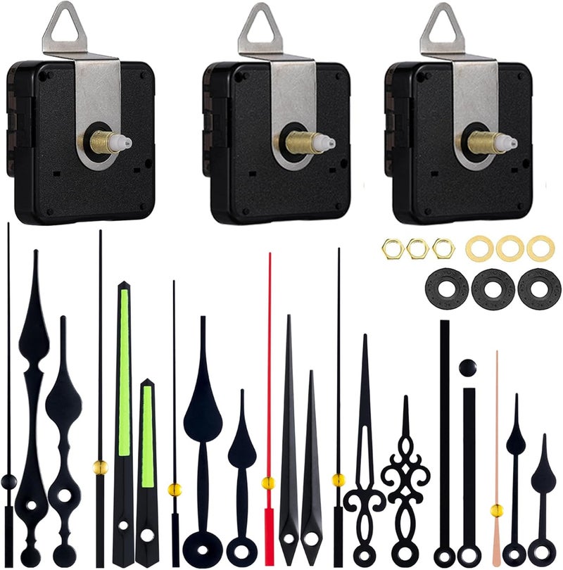 EMOON 3 Pieces Silent Clock Mechanism Replacement Kit, Battery Operated Clock Movement Parts with 7 Pack Clock Hands (Total Shaft Length 16mm,20mm,23mm) - Image 1